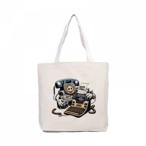 Retro Teknoloji, çevirmeli telefon, daktilo, fotoğraf makinesi Kanvas Çanta Ürün Görseli
