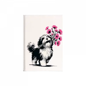 Sevimli Köpek ve Çiçek Demeti Kanvas Defter Ürün Görseli