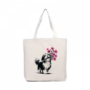 Sevimli Köpek ve Çiçek Demeti Kanvas Çanta Ürün Görseli